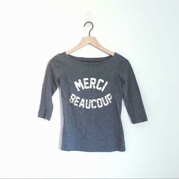 LOFT Women's XS Extra Small T-Shirt Gray Tee 3/4 Sleeve French Merci Beaucoup - Picture 1 of 5